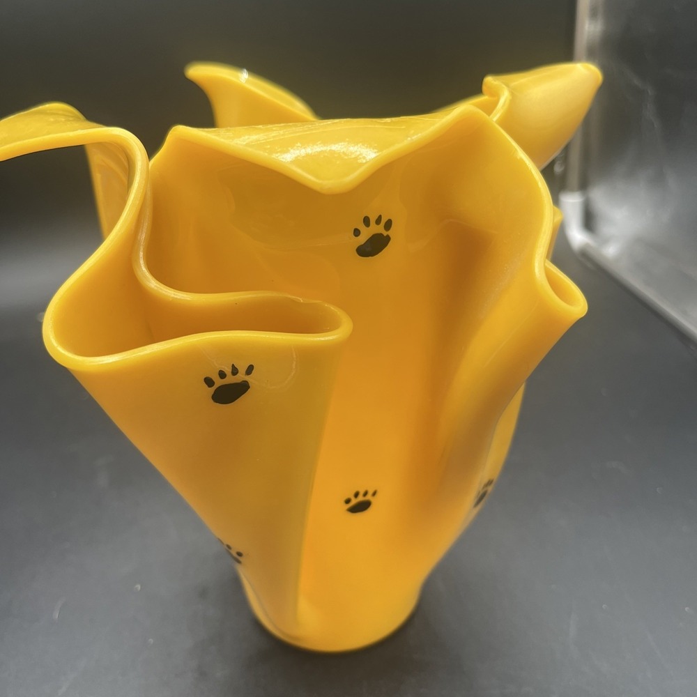 Vintage Style Yellow Handkerchief Glass Vase with Paw Prints Ruffled Art Glass